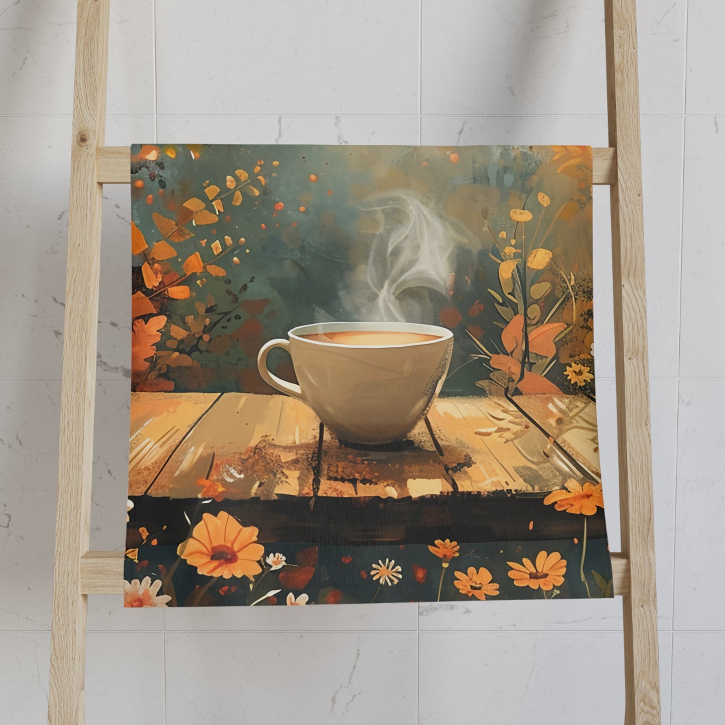 Autumn Infused Hand Towel with Cozy Coffee Design
