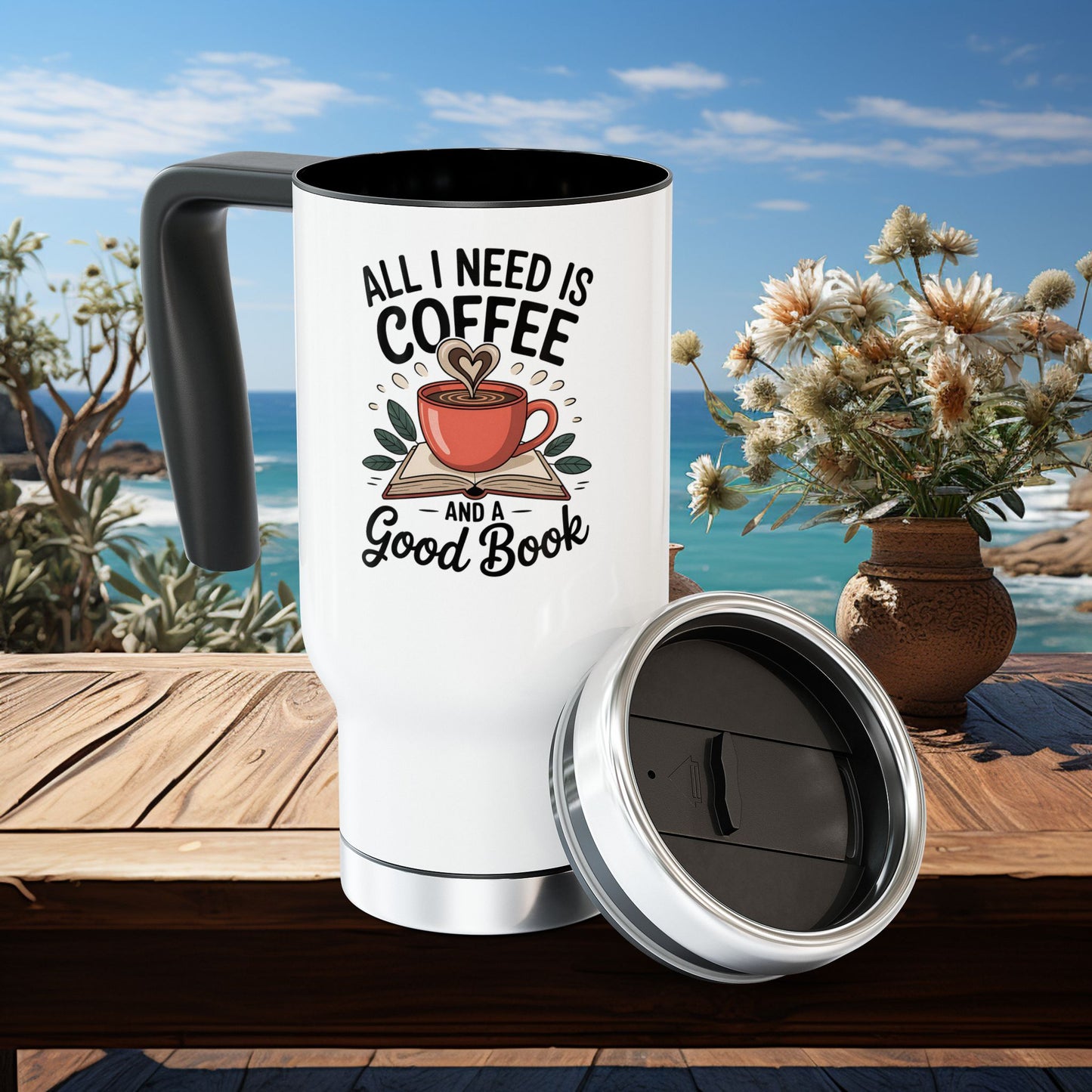 14 oz. Stainless Steel Travel Mug, All I Need is Coffee and a Good Book, Perfect Gift for Bookworms and Coffee Enthusiasts