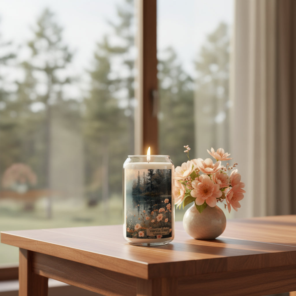 Glass can-shaped soy candle with modern art. Misty lake, apricot-colored flowers. in soft teal and apricot tones, printed directly on the glass. Vanilla Bean scent.