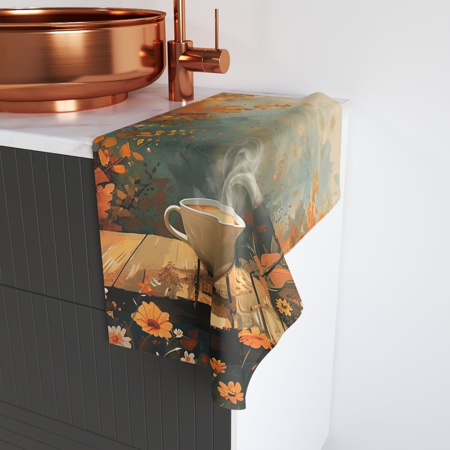 Autumn Infused Hand Towel with Cozy Coffee Design