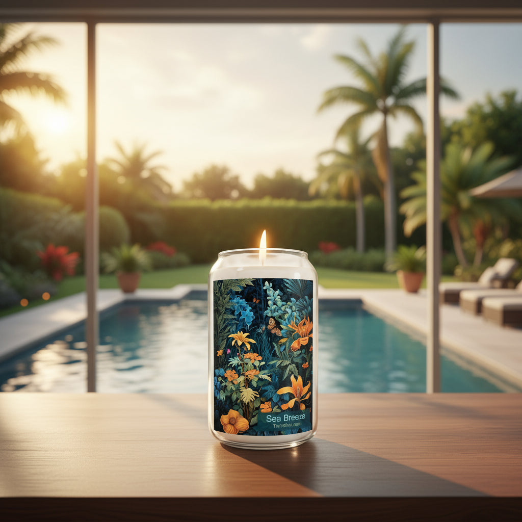 Candle with a floral label on a white background