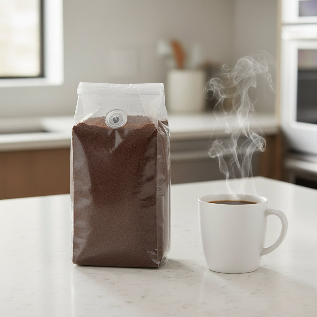 Clear plastic bag with brown sand-like material on a white background