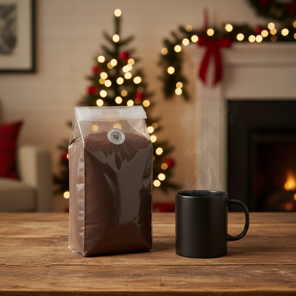 Clear plastic bag with ground coffee