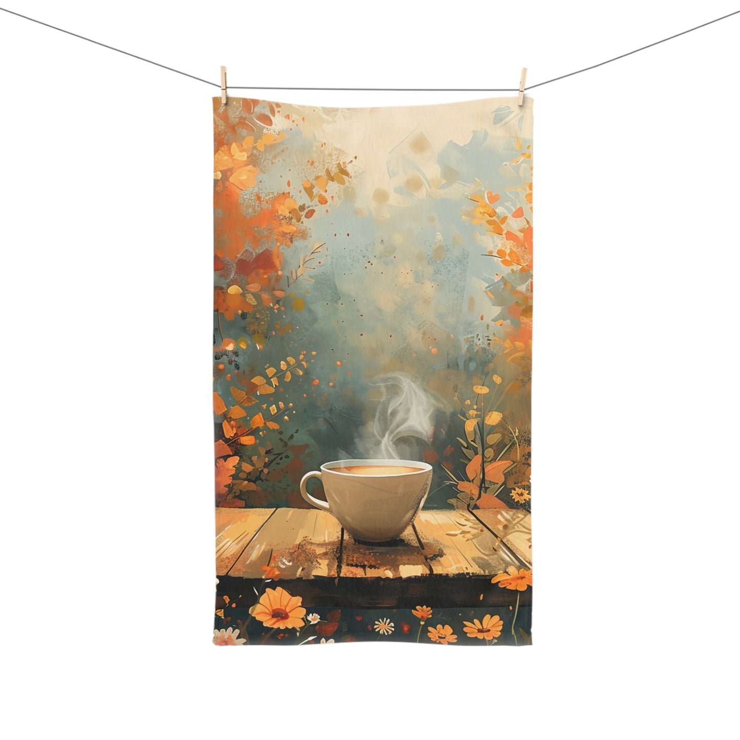 Autumn Infused Hand Towel with Cozy Coffee Design