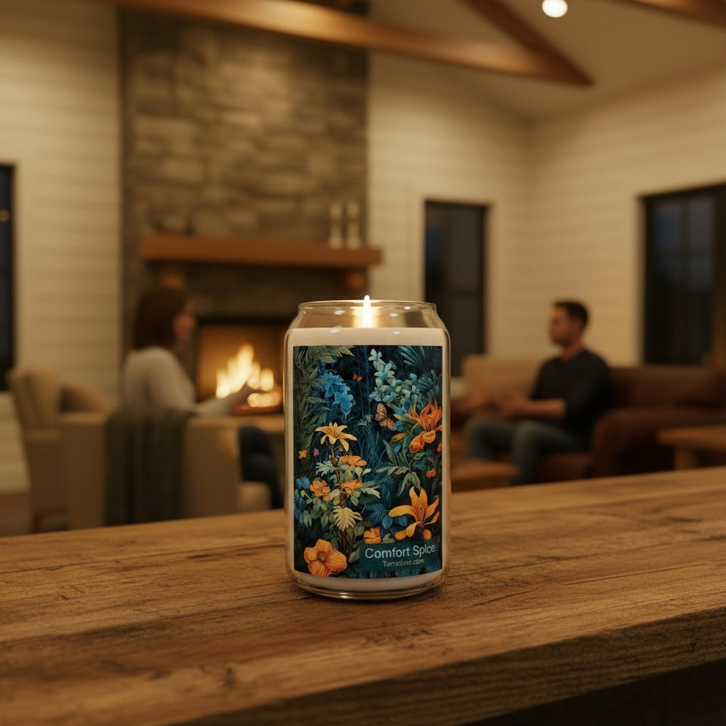 Candle with a floral label on a white background