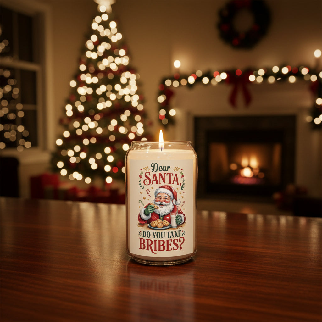 Candle with Santa Claus design and text 'Dear Santa, Do You Take Bribes?' On a Christmas Den background.