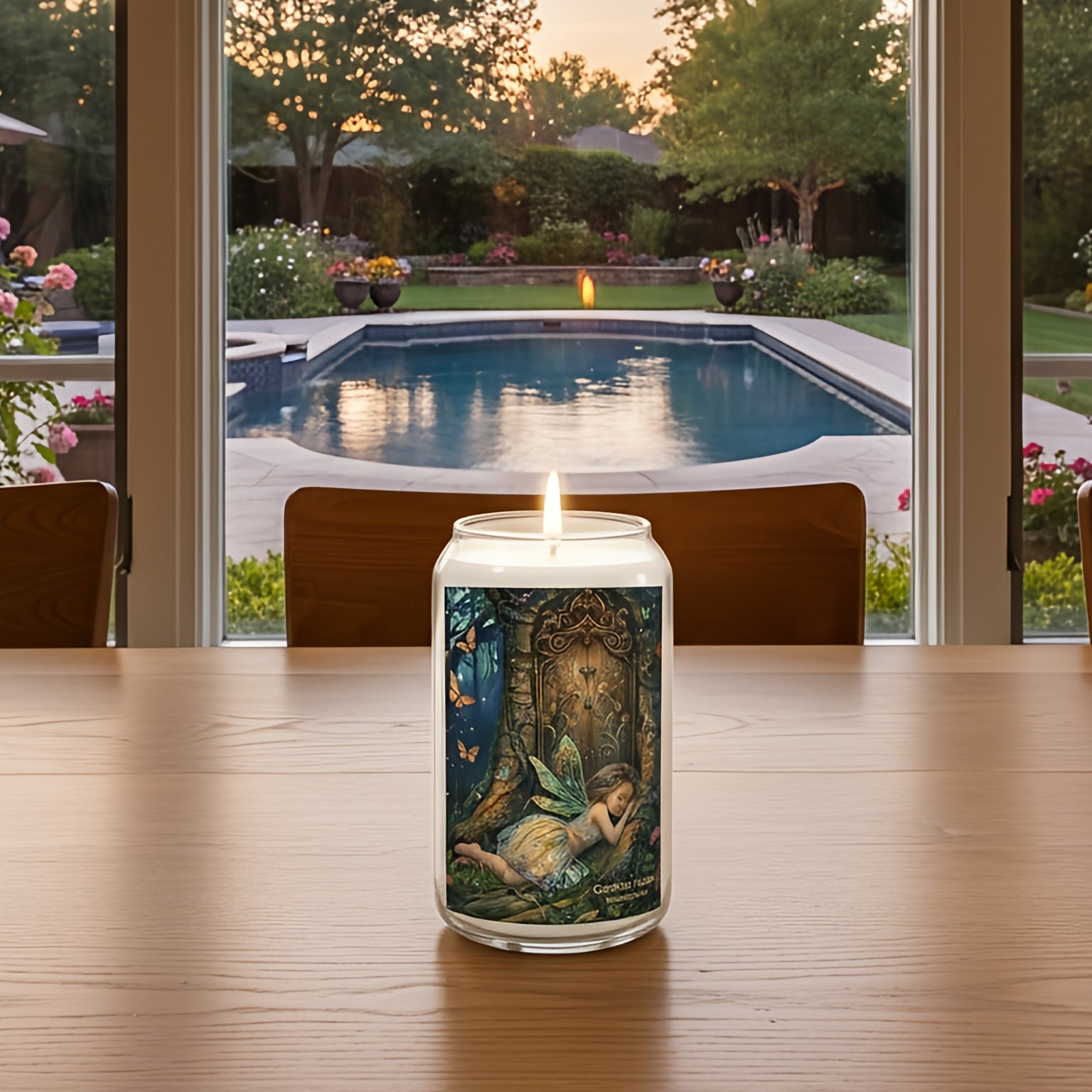 13.75oz Candle with a fairy design on a table by a poolside