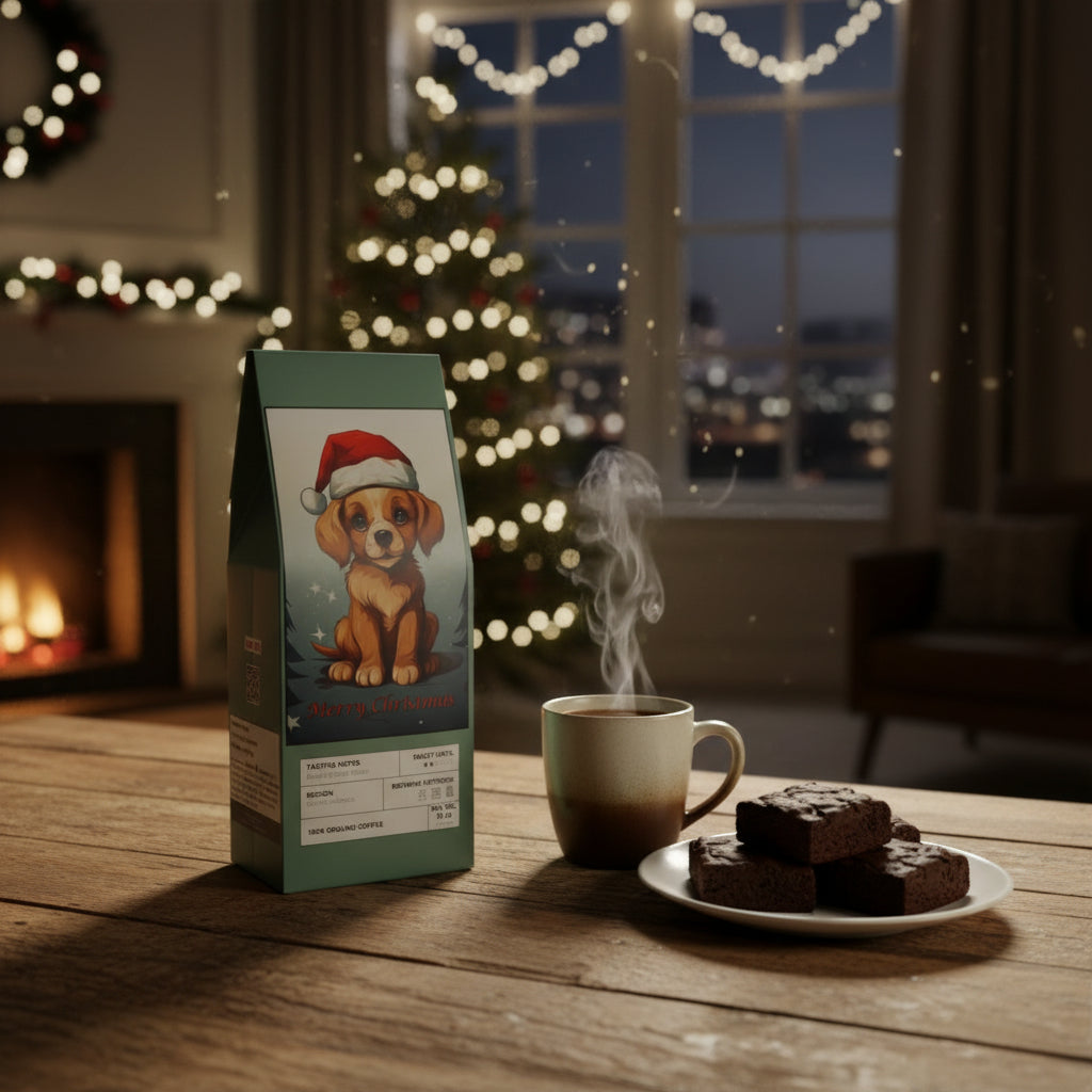 Coffee bag with a Christmas-themed design featuring a dog wearing a Santa hat on a white background.