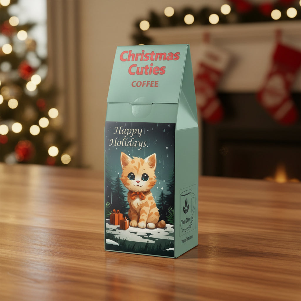 Coffee bag with a cute cat illustration and 'Christmas Cuties Coffee' text on a white background