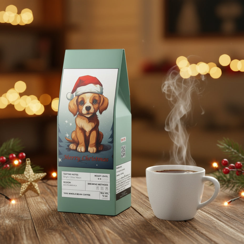 Coffee bag with a Christmas-themed design featuring a dog wearing a Santa hat on a white background.