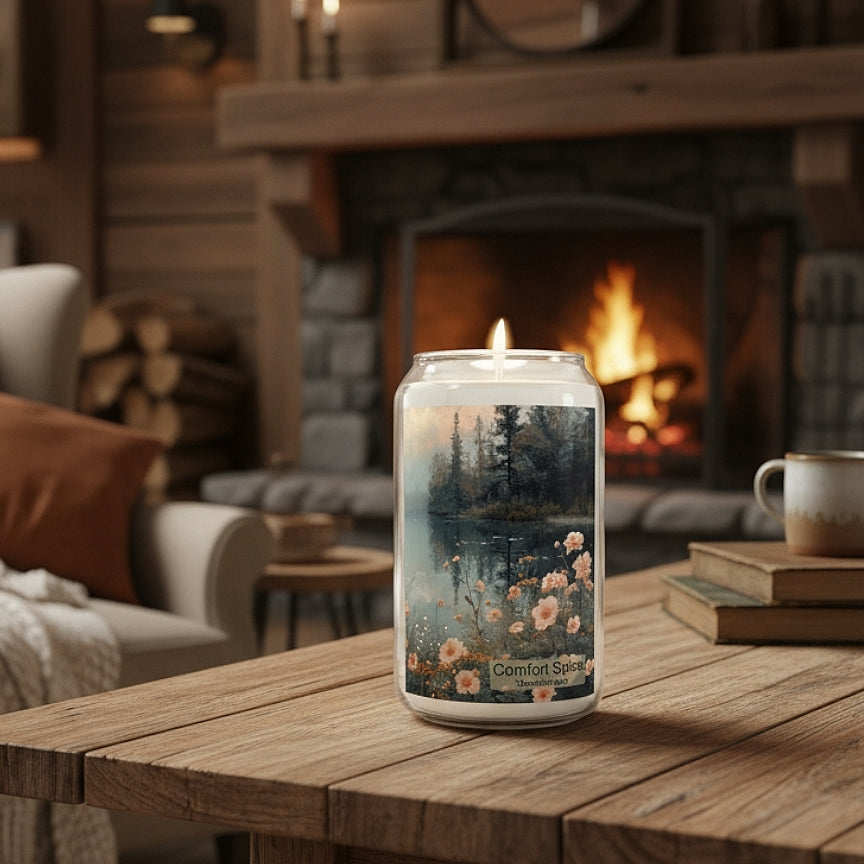 Glass can-shaped soy candle with modern art. Misty lake, apricot-colored flowers. in soft teal and apricot tones, printed directly on the glass. Comfort Spice scent.