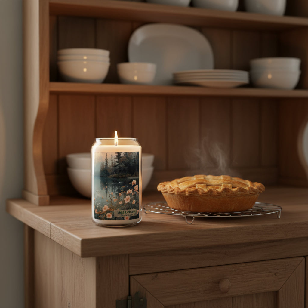 Glass can-shaped soy candle with modern art. Misty lake, apricot-colored flowers. in soft teal and apricot tones, printed directly on the glass. Sea Breeze scent.