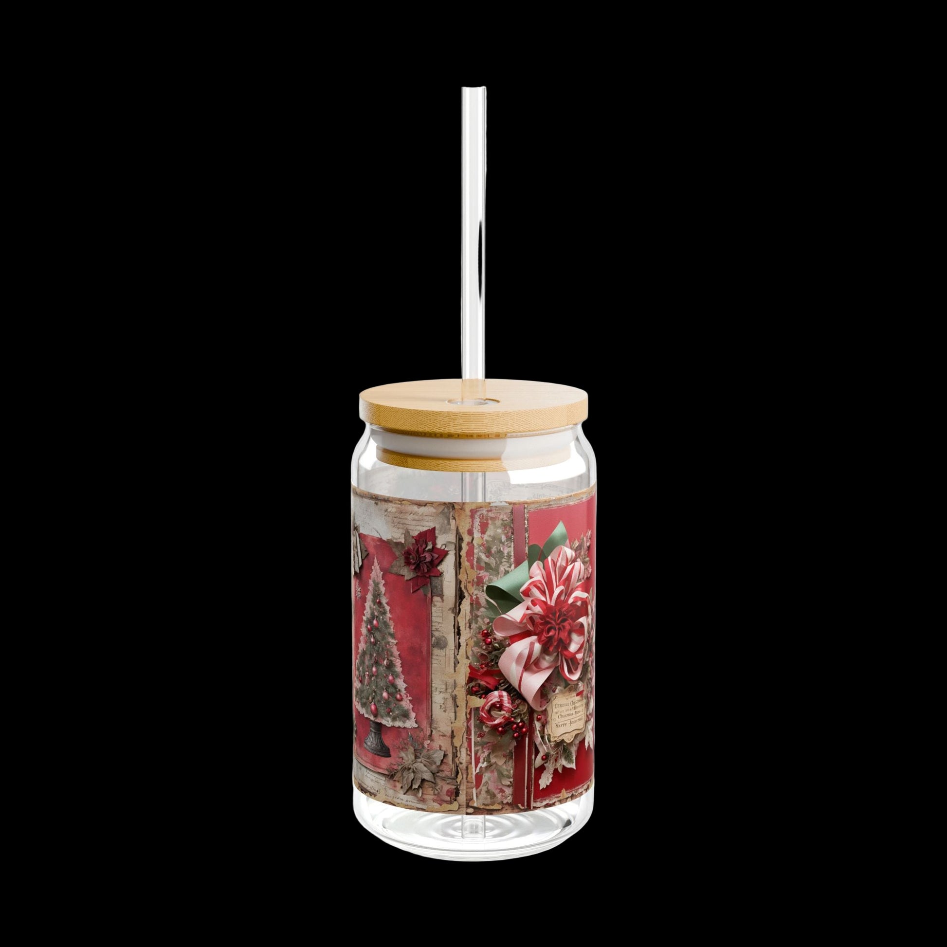 Clear glass tumbler with wooden lid and floral design on a white background