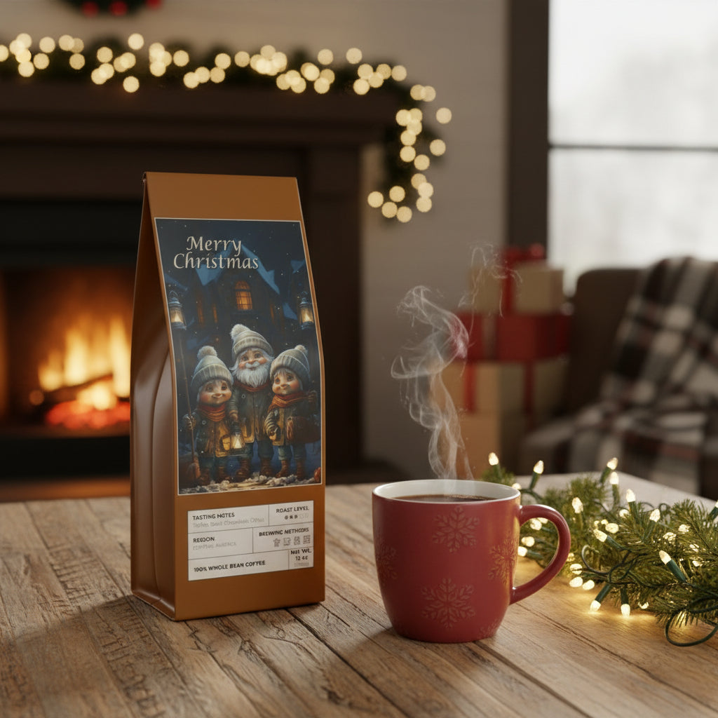 Coffee package with Christmas design featuring three gnomes, on a white background