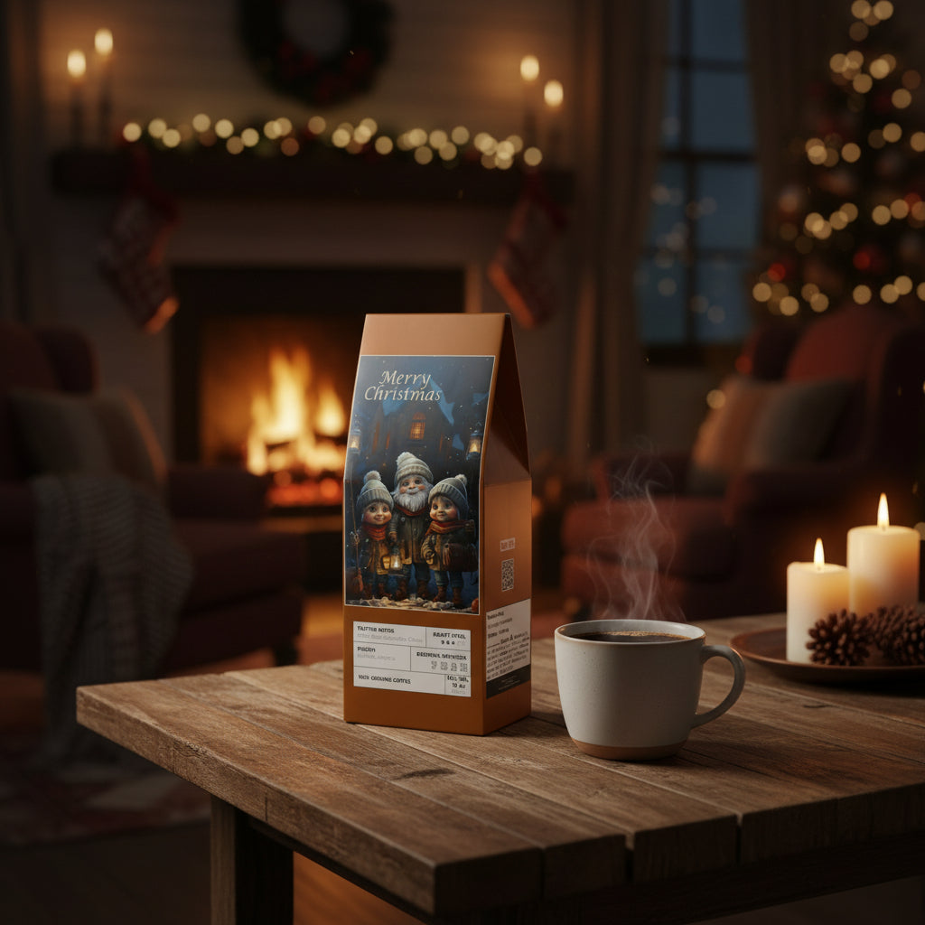 Coffee bag with Christmas design featuring three gnome characters in winter clothing. 