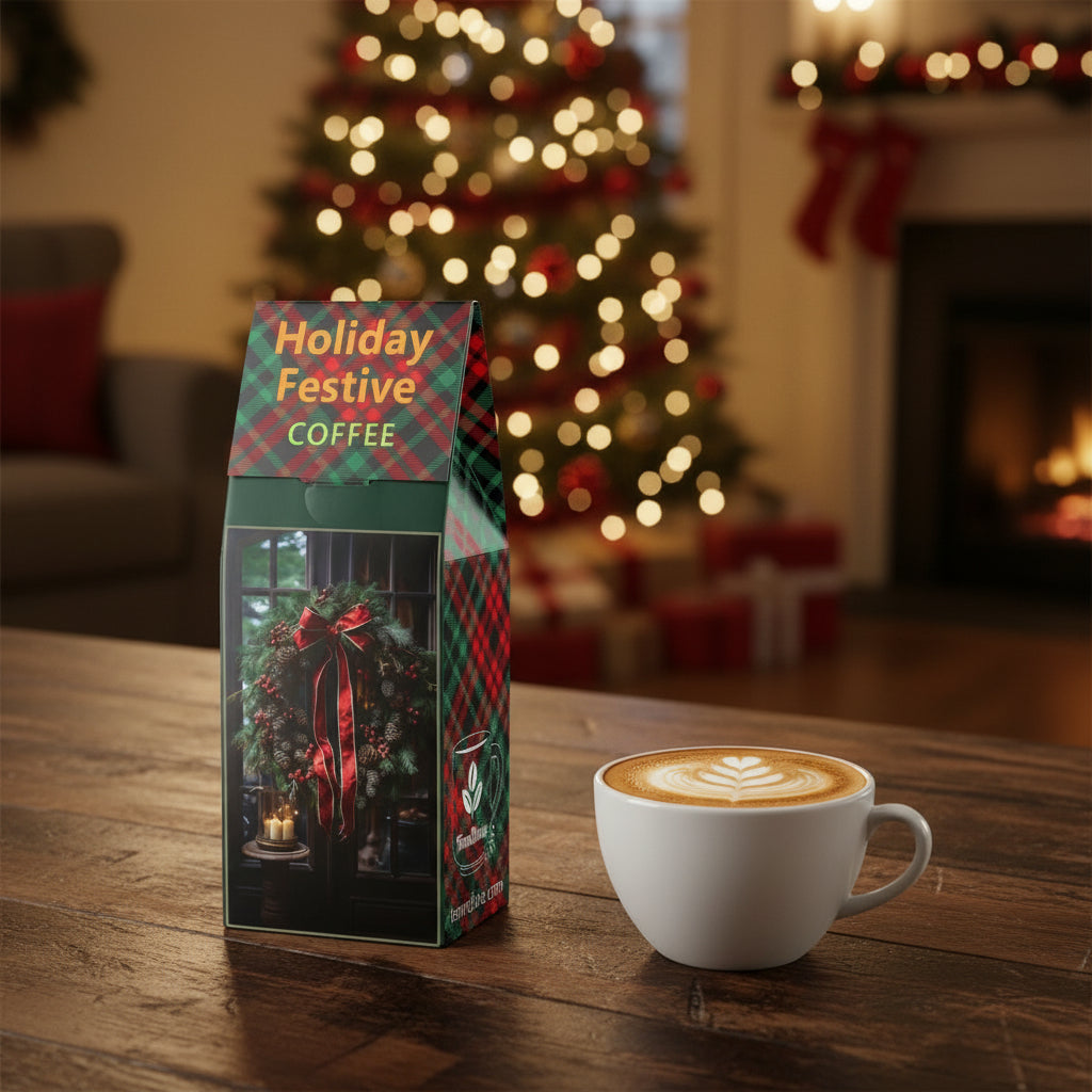 Holiday festive coffee package with plaid design and Christmas scene