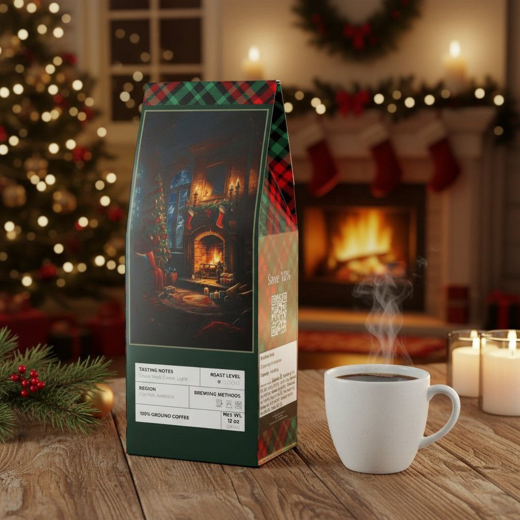 Coffee package with an illustration of   cozy room and fire in a fireplace