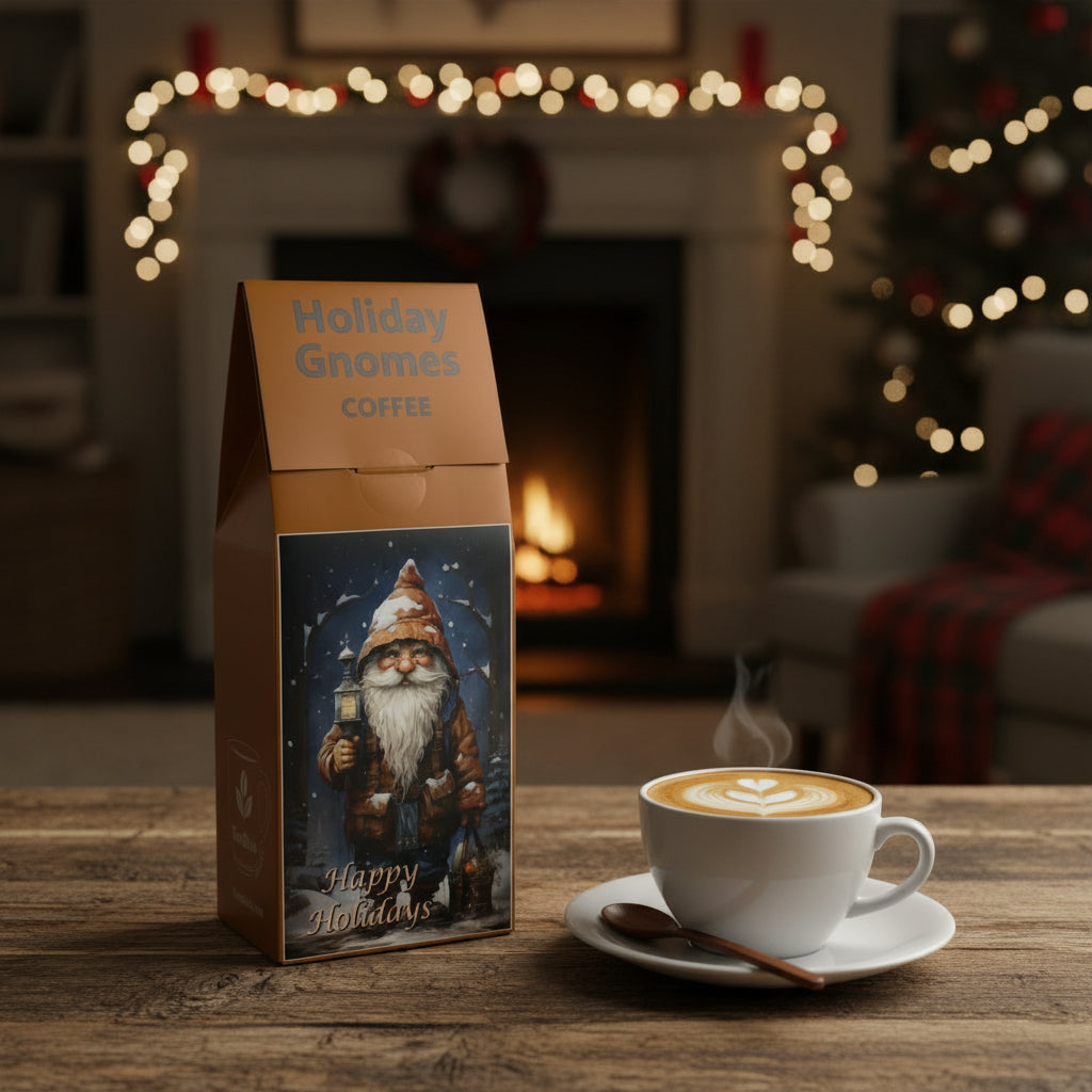 Coffee bag with a holiday gnome design
