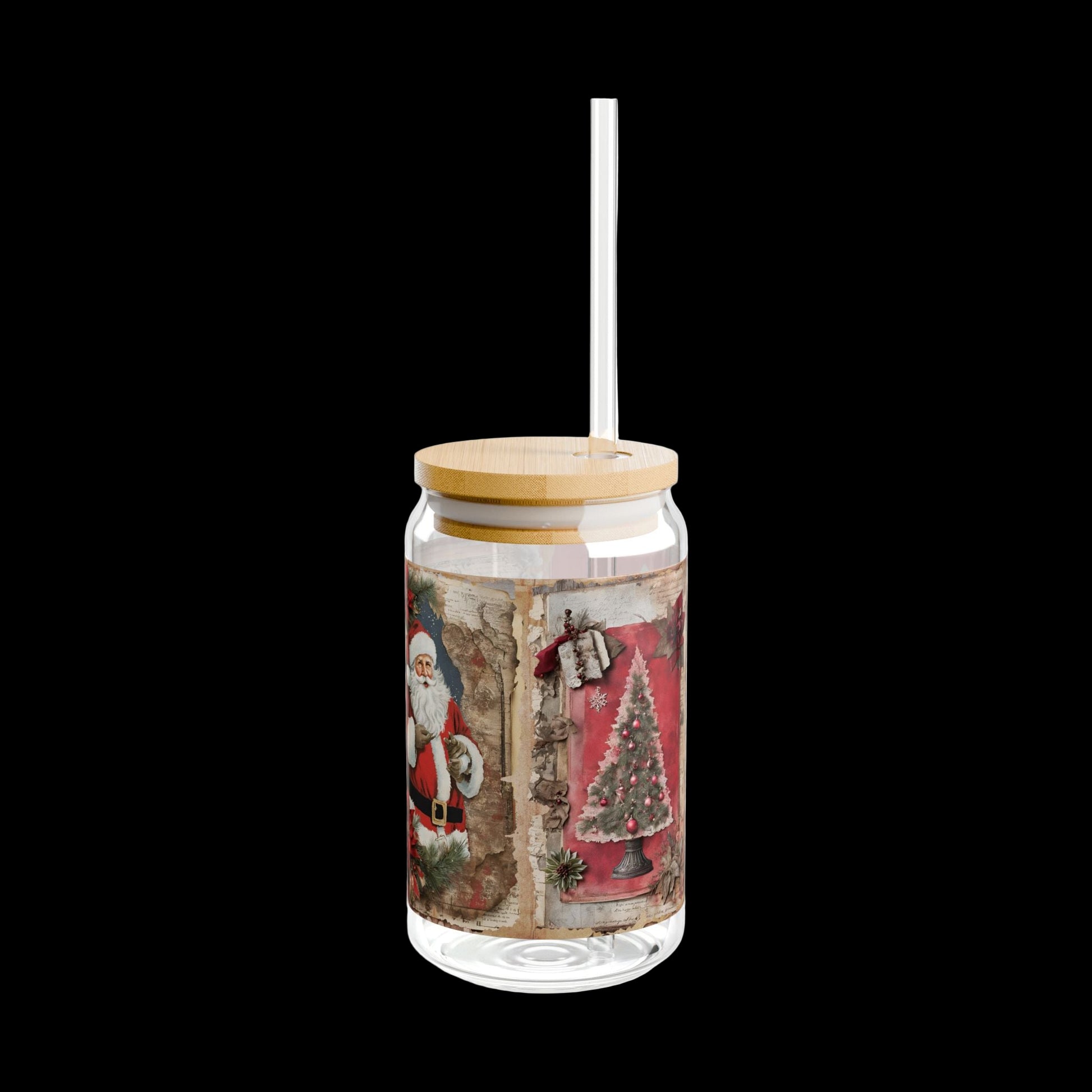 Clear glass jar with wooden lid and festive design on a white background