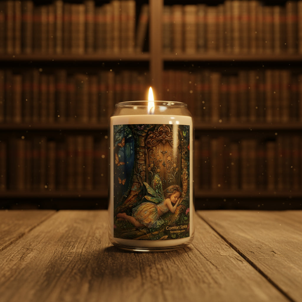 13.75 oz Candle with fairy design. Comfort Spice Scent