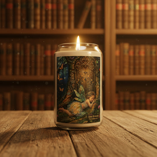 13.75 oz scented Glass Can Candle. Sleeping Fairy. Sea Breeze Scented.