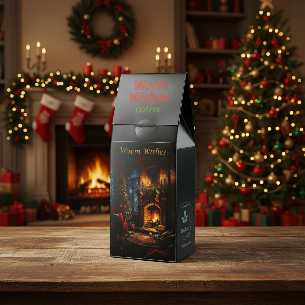 Coffee packaging with 'Warm Wishes' text and a festive scene on a white background