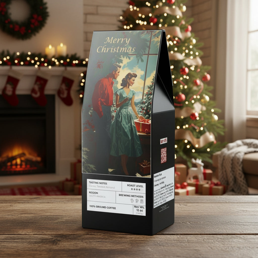 Coffee packaging with vintage-style illustration of a couple and 'Merry Christmas' text on a white background.