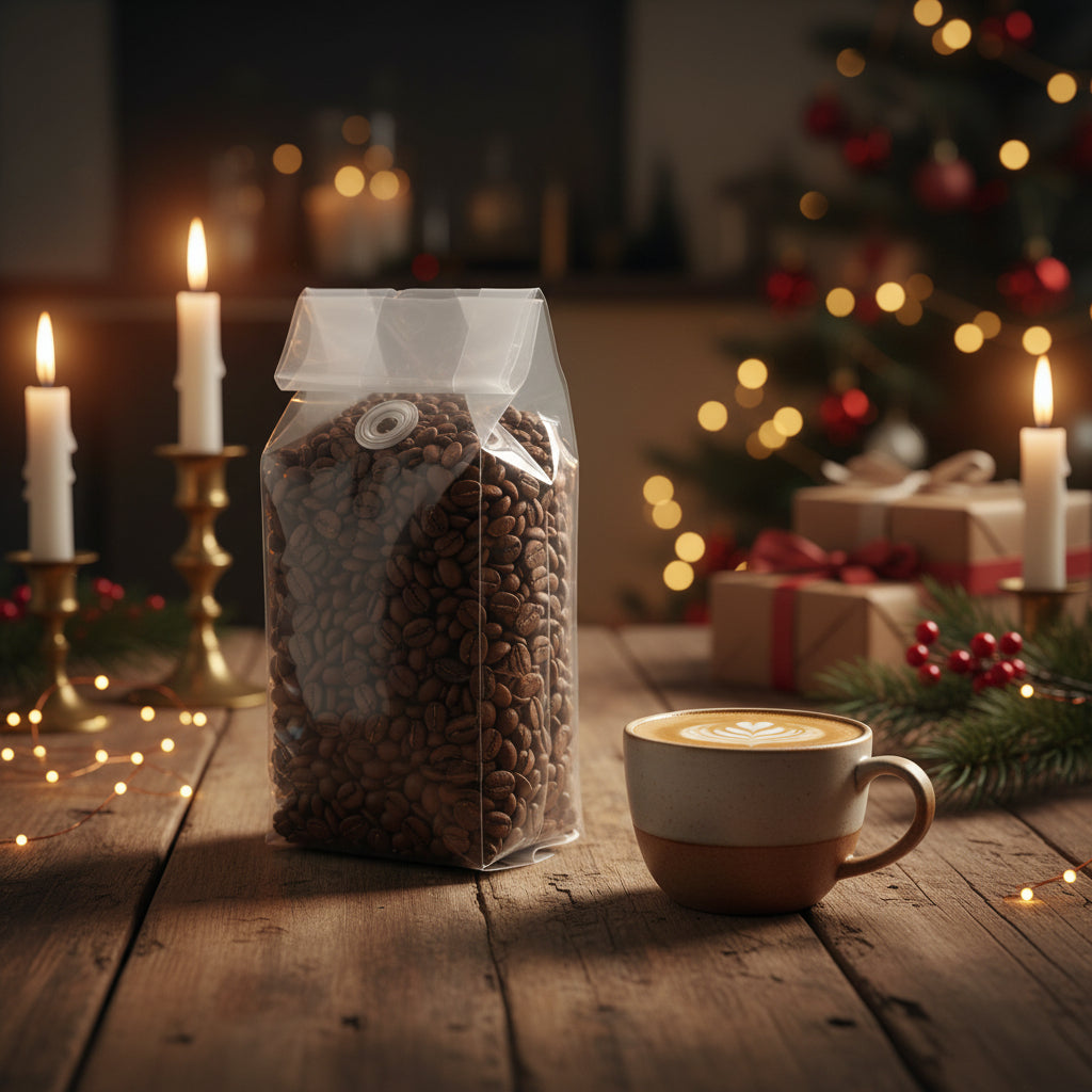 Clear bag filled with coffee beans on a white background