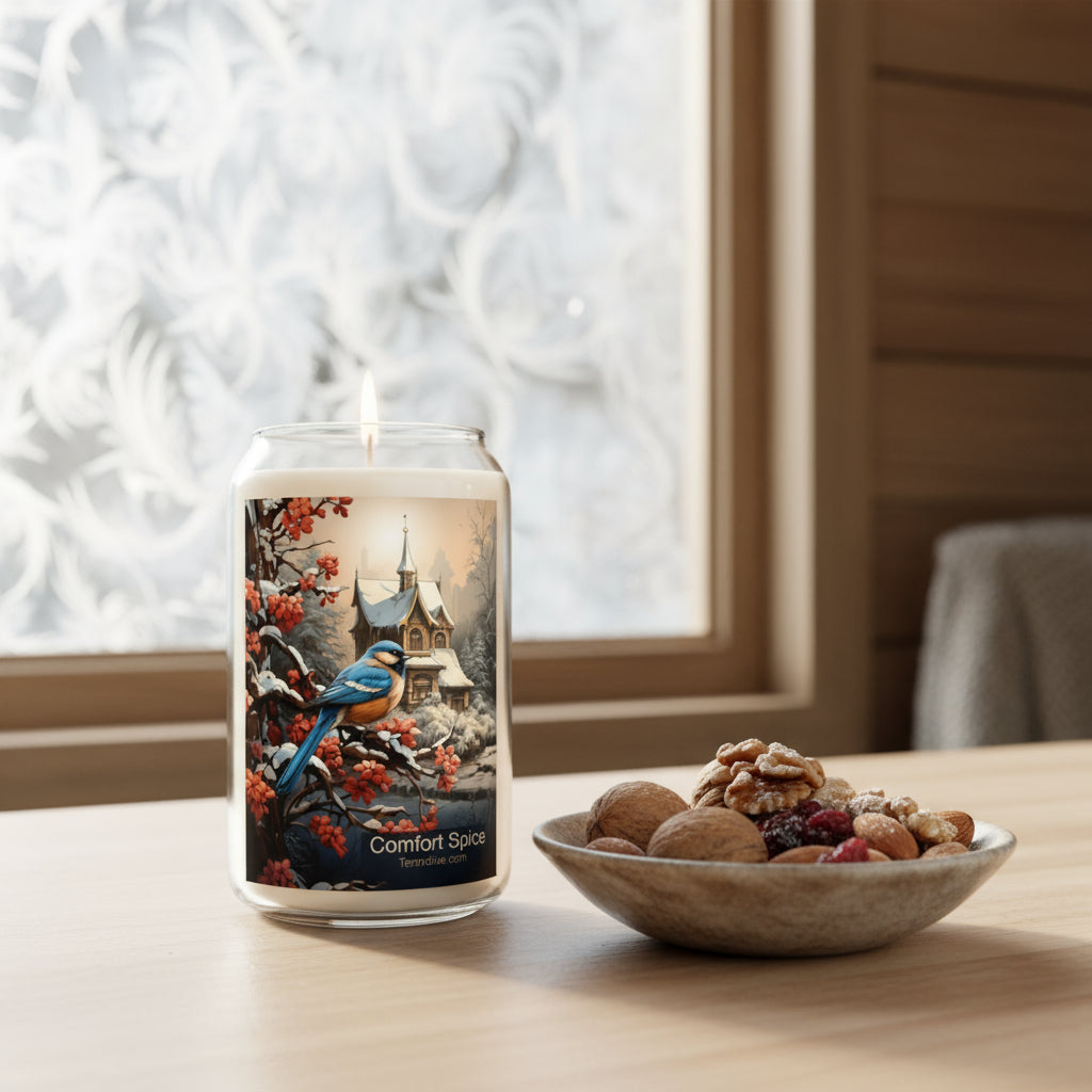 Glass can-shaped soy candle with modern art deco botanical shapes in soft teal and apricot tones, printed directly on the glass. Comfort Spice Scent.