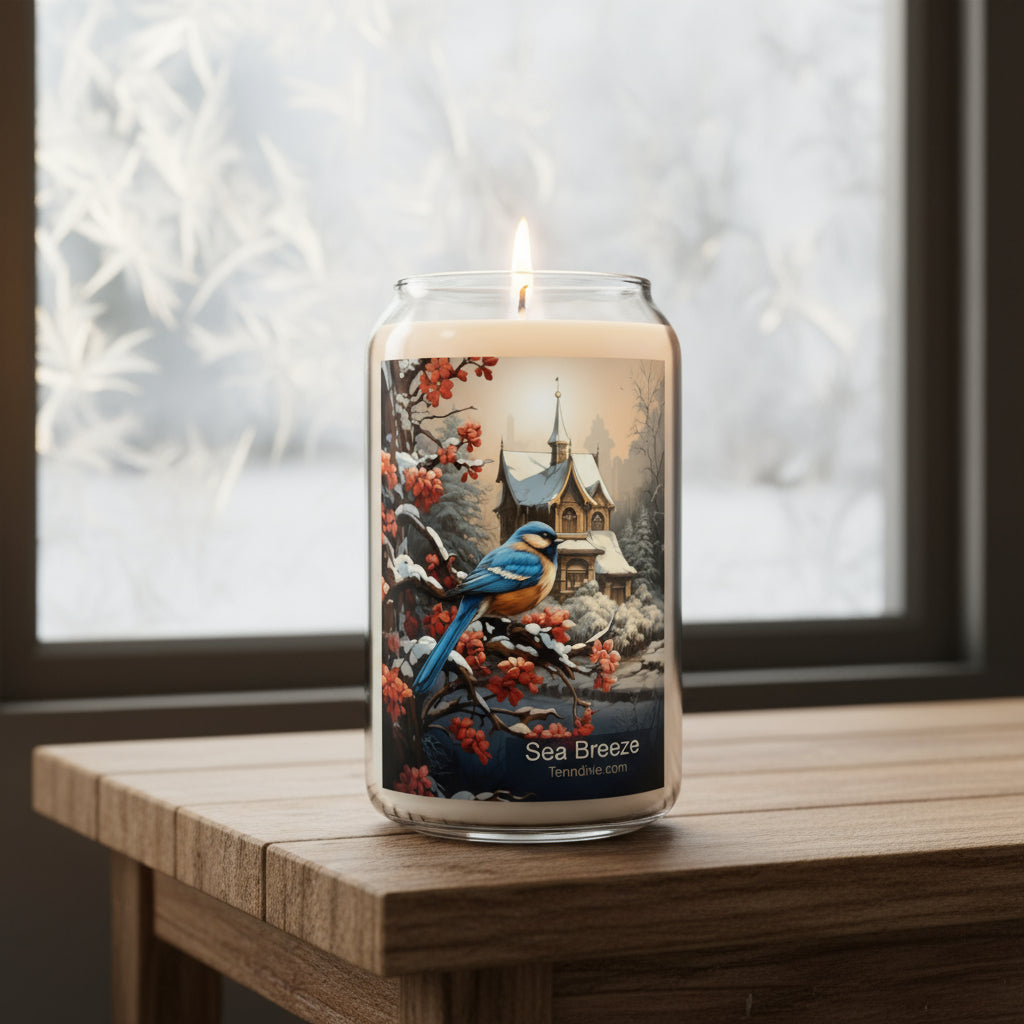 Glass can-shaped soy candle with Blue Jay in snowy scene, red leaves old church, natural tones, printed directly on the glass. Sea Breeze scent.