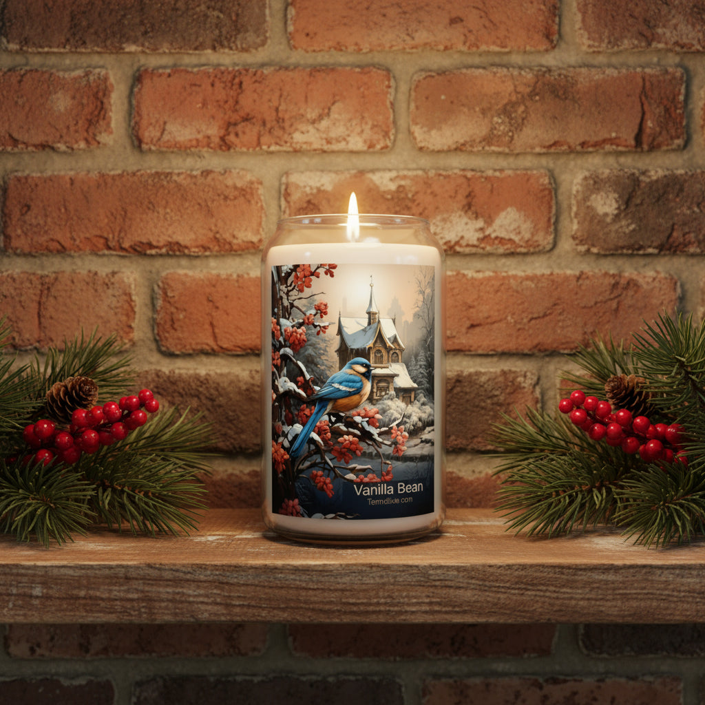 Glass can-shaped soy candle featuring a winter blue jay on snowy branches near an old chapel, printed directly on glass. Vanilla Bean Scent.