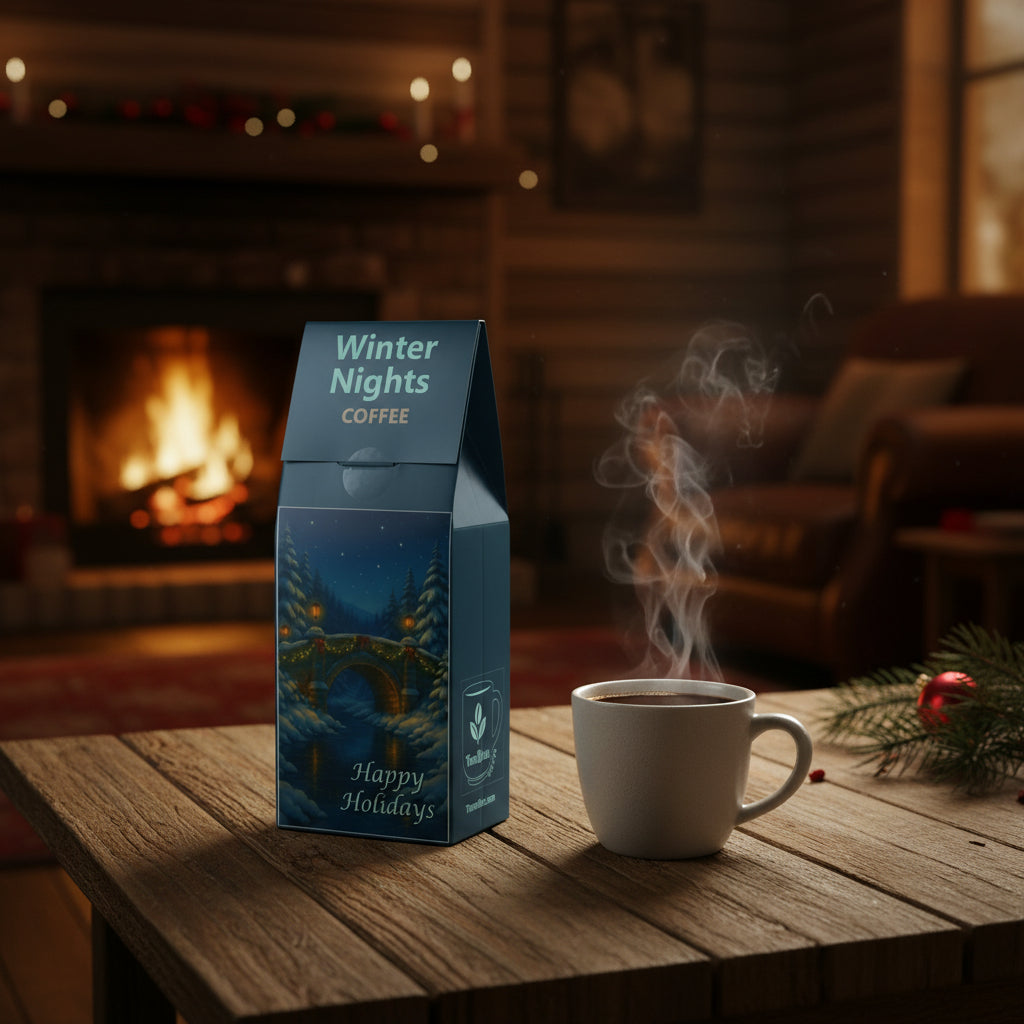 Coffee packaging with 'Winter Nights' and 'Happy Holidays' text, featuring a festive design.