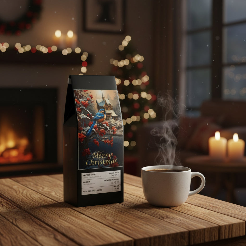 Black coffee bag with Christmas design featuring a Blue Jay and snowy village.