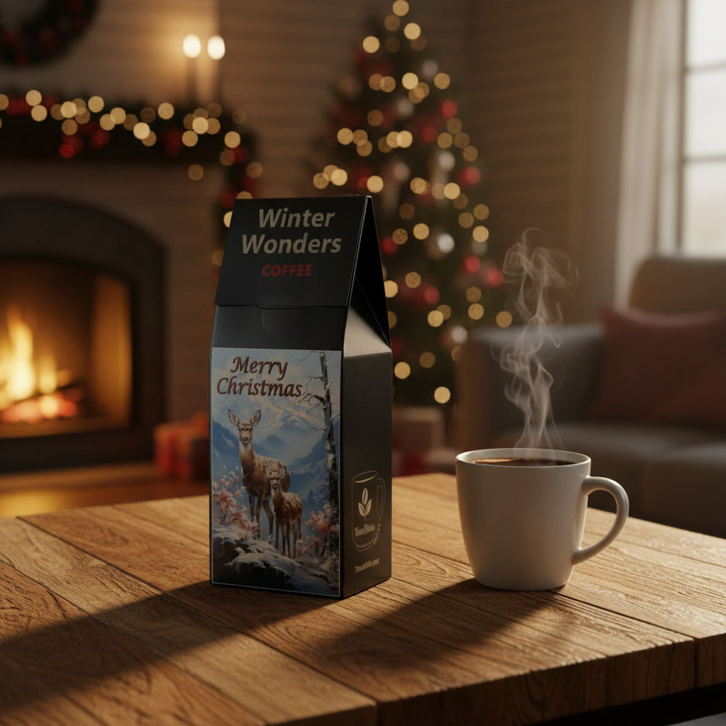 Coffee packaging with winter scene and deer illustration, labeled 'Winter Wonders Coffee'.