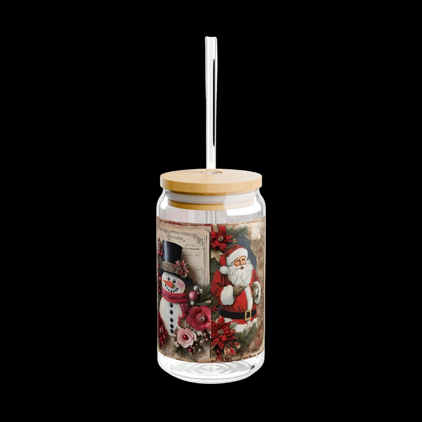 Tumbler with Christmas design featuring Santa Claus, snowman, and flowers on a white background.